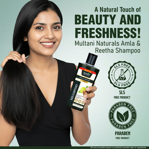 Multani Pharmaceuticals Limited Multani Naturals Amla & Reetha Hair Shampoo Anti Hair Fall Shampoo Shampoo for Thick & Strong Hair Ayurvedic Shampoo for Healthy Hair Dermatologically Tested Suitable for All Hair