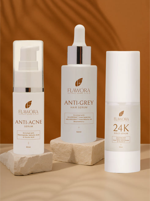 Flawora Anti-Grey Hair Serum|Anti Acne Serum & Gold Face Serum Combo