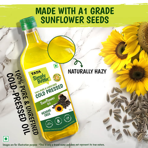 Tata Simply Better Sunflower Oil 1L | 100% Pure | Unrefined & Cold-pressed | Hexane-Free