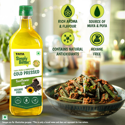 Tata Simply Better Sunflower Oil 1L | 100% Pure | Unrefined & Cold-pressed | Hexane-Free