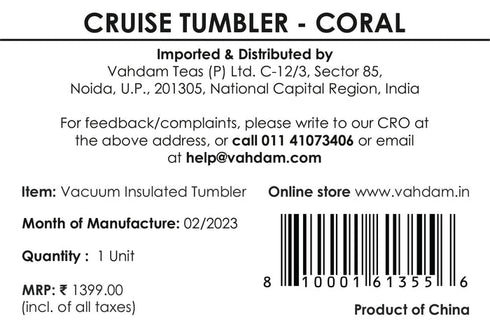 Vahdam Tea Cruiser Tumbler Insulated Coral