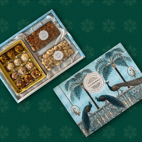 Kamdhenu Mishti Assorted Ladoos & Dry fruit gifting box Peacock light blue