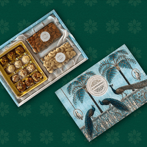 Kamdhenu Mishti Assorted Ladoos & Dry fruit gifting box Peacock light blue