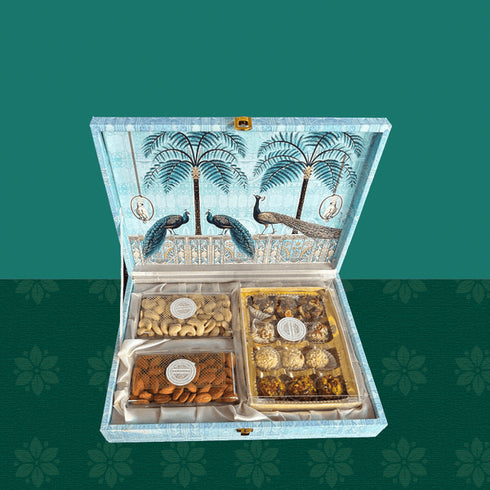 Kamdhenu Mishti Assorted Ladoos & Dry fruit gifting box Peacock light blue