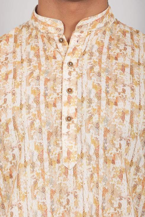 Veshbhoshaa Bluesaanchi: Effortlessly Stylish Textured Cream Kurta Set For Men