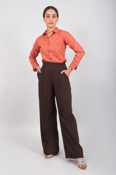 Veshbhoshaa Bluebird Women'S Brown Bell Bottom Trouser