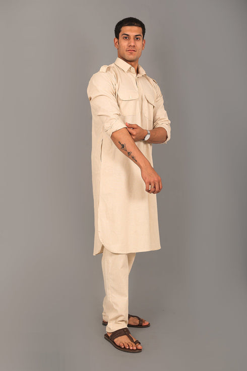 Veshbhoshaa Bluesaanchi Pathani Cream Color Kurta With Trouser Pant
