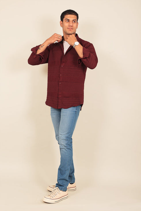 Veshbhoshaa Bluebird Men'S Maroon Knitted Jacquard Shirt