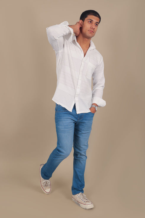 Veshbhoshaa Bluebird Men'S White Knitted Jacquard Shirt