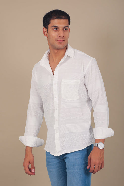 Veshbhoshaa Bluebird Men'S White Knitted Jacquard Shirt
