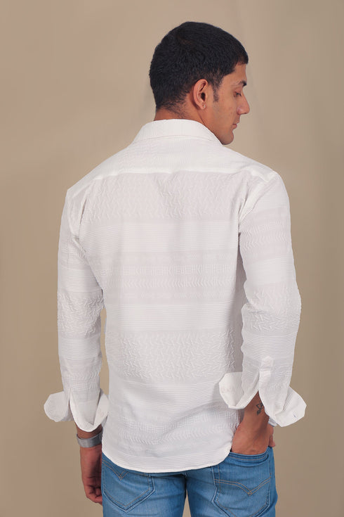 Veshbhoshaa Bluebird Men'S White Knitted Jacquard Shirt