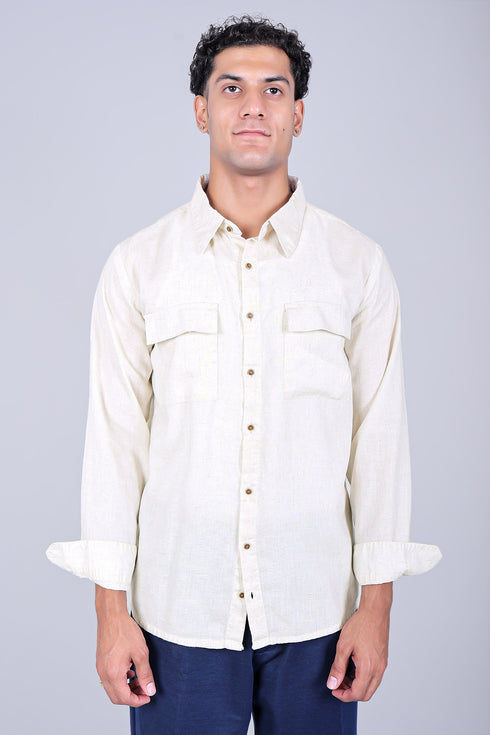 Veshbhoshaa Bluebird Men'S Double Pocket Beige Linen Shirt
