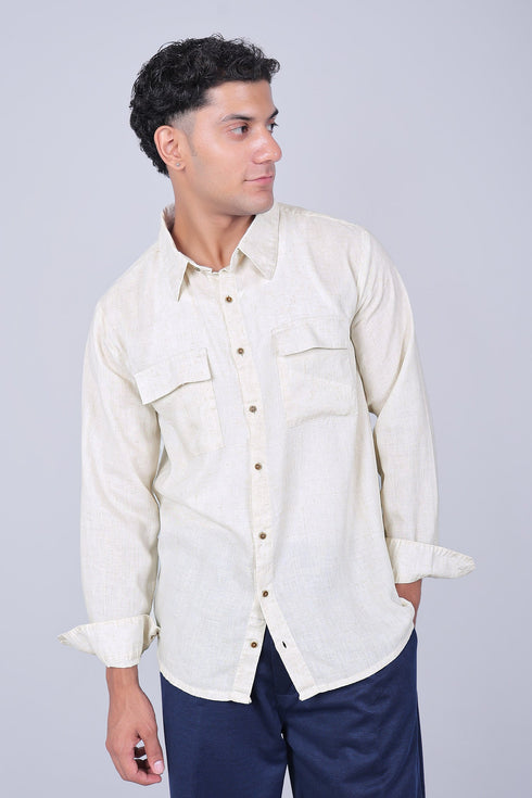 Veshbhoshaa Bluebird Men'S Double Pocket Beige Linen Shirt