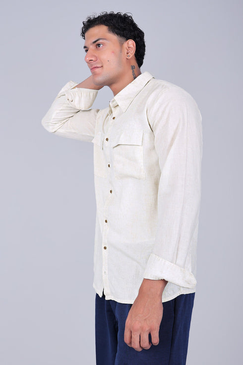 Veshbhoshaa Bluebird Men'S Double Pocket Beige Linen Shirt