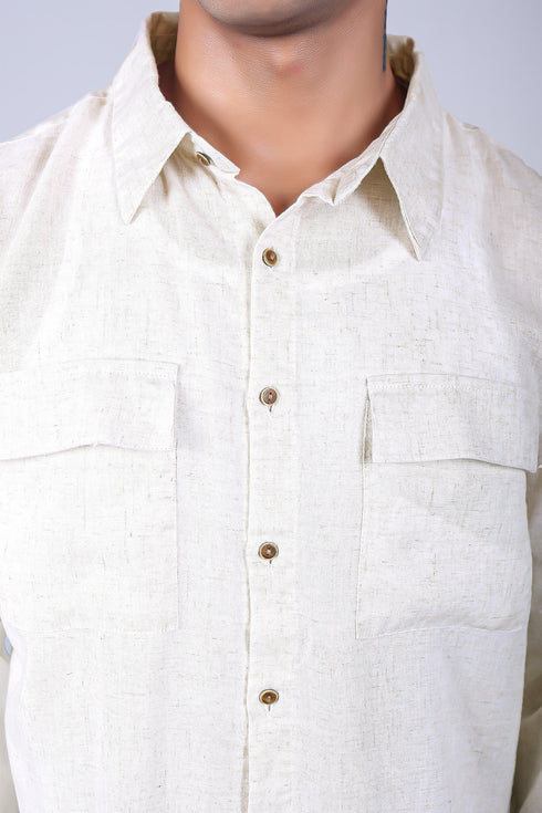 Veshbhoshaa Bluebird Men'S Double Pocket Beige Linen Shirt