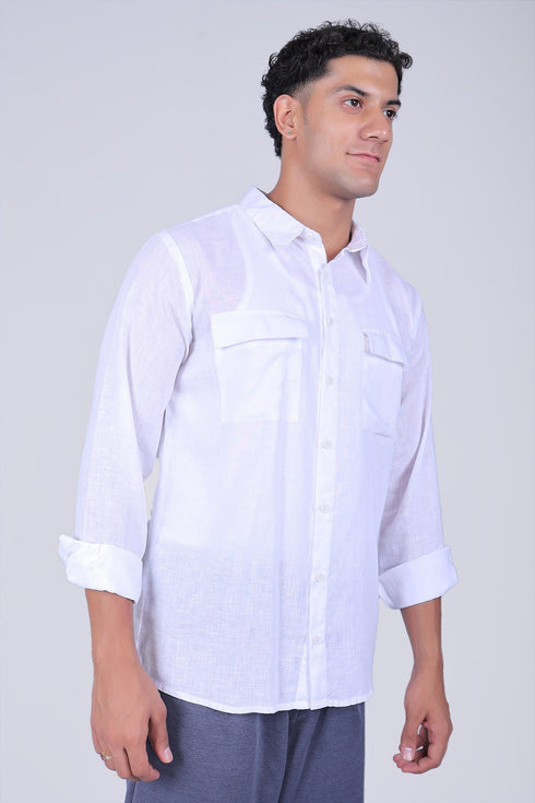 Veshbhoshaa Bluebird Men'S Double Pocket White Linen Shirt