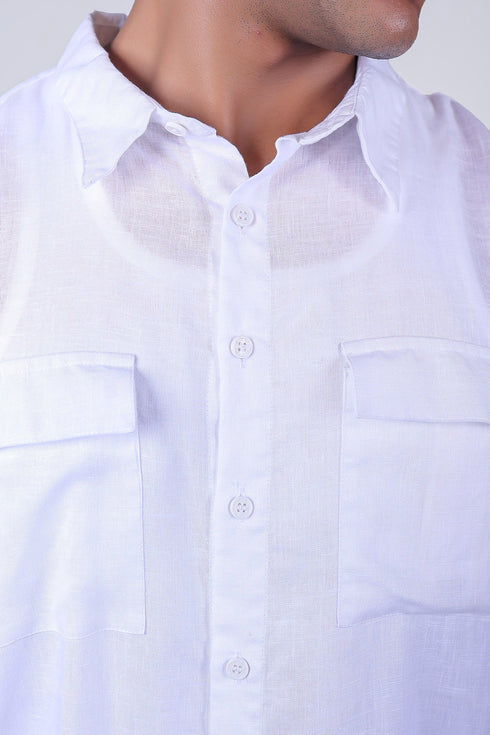 Veshbhoshaa Bluebird Men'S Double Pocket White Linen Shirt