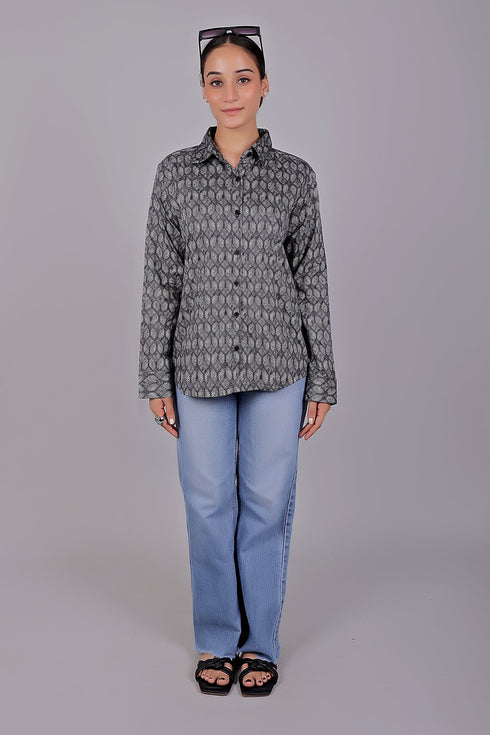 Veshbhoshaa Bluebird Women'S Black Geometric Printed Satin Shirt