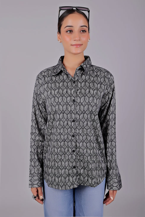 Veshbhoshaa Bluebird Women'S Black Geometric Printed Satin Shirt