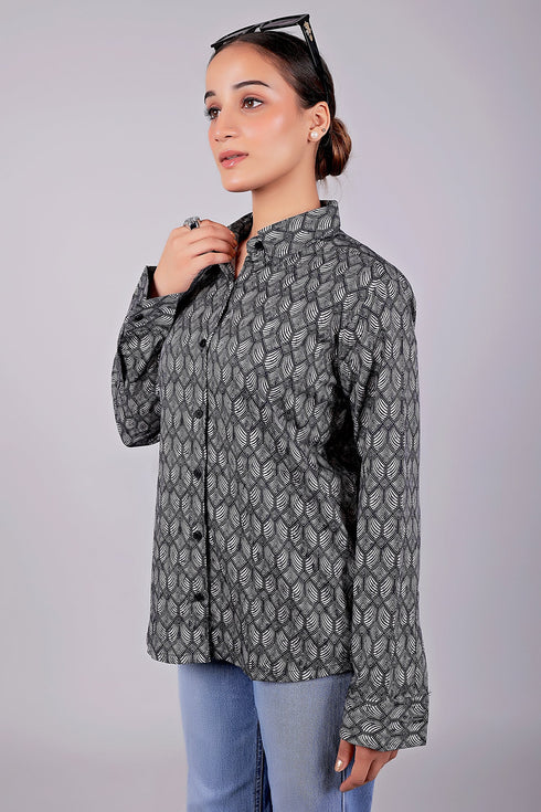 Veshbhoshaa Bluebird Women'S Black Geometric Printed Satin Shirt