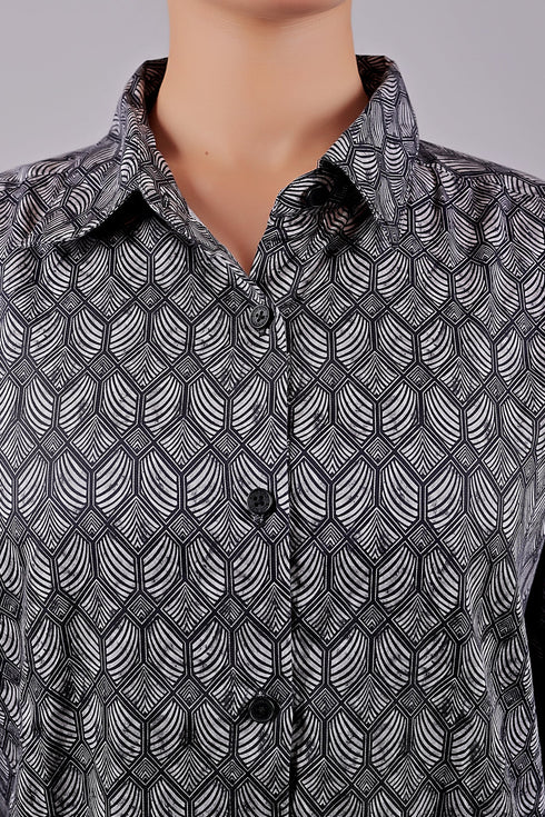 Veshbhoshaa Bluebird Women'S Black Geometric Printed Satin Shirt