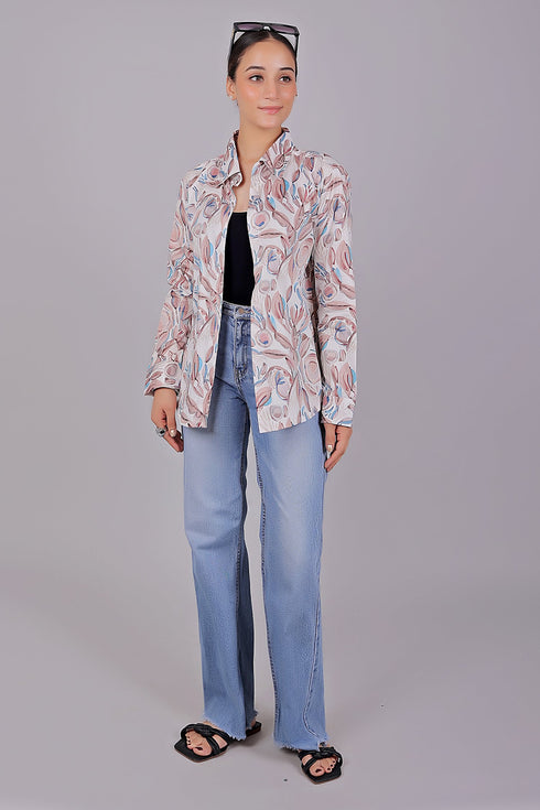 Veshbhoshaa Bluebird Women'S White Peach Printed Satin Shirt