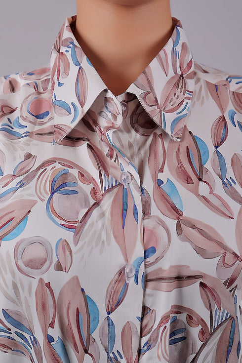 Veshbhoshaa Bluebird Women'S White Peach Printed Satin Shirt