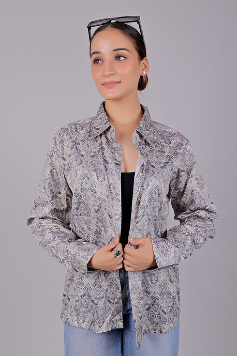 Veshbhoshaa Bluebird Women'S Grey Printed Satin Shirt