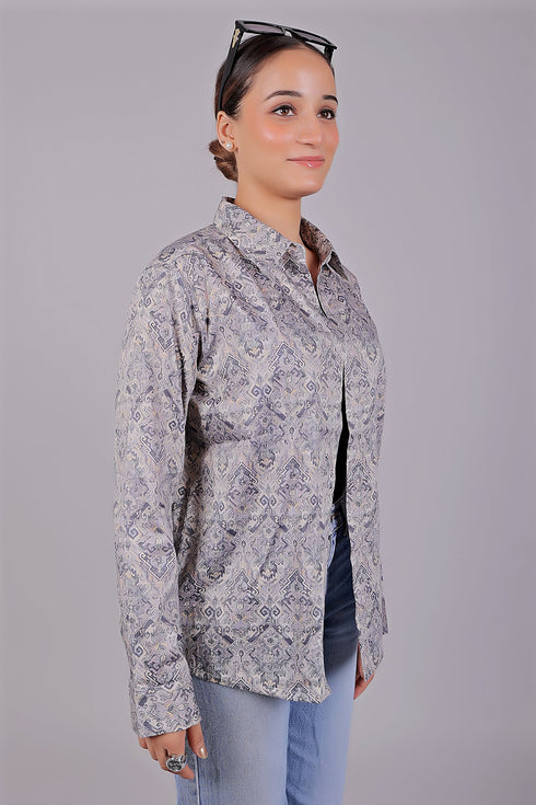 Veshbhoshaa Bluebird Women'S Grey Printed Satin Shirt