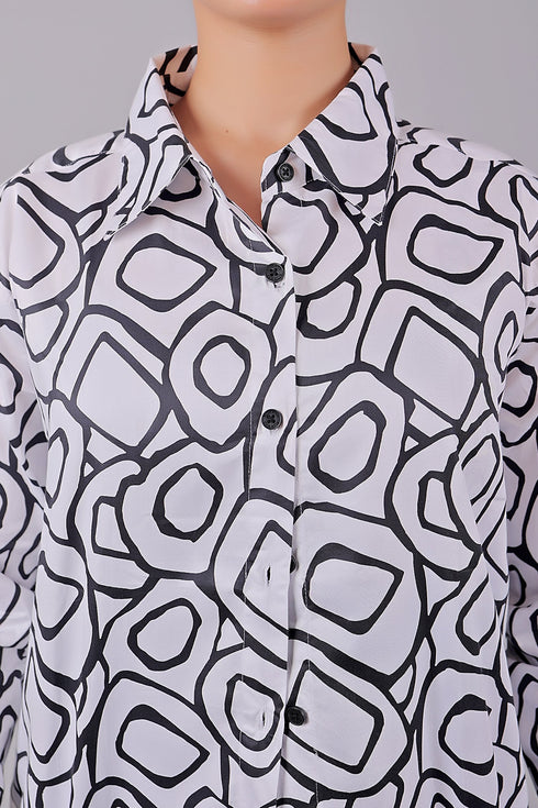 Veshbhoshaa Bluebird Women'S Black And White Printed Satin Shirt