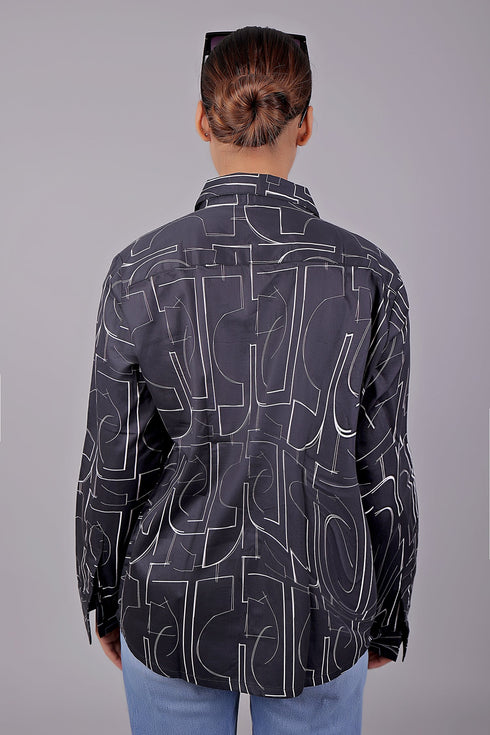Veshbhoshaa Bluebird Women'S Black Printed Satin Shirt