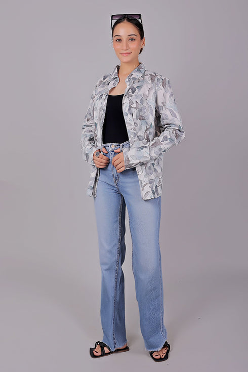 Veshbhoshaa Bluebird Women'S White Leaf Printed Satin Shirt
