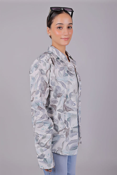 Veshbhoshaa Bluebird Women'S White Leaf Printed Satin Shirt