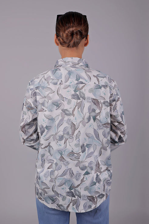 Veshbhoshaa Bluebird Women'S White Leaf Printed Satin Shirt