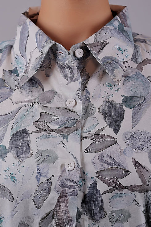 Veshbhoshaa Bluebird Women'S White Leaf Printed Satin Shirt