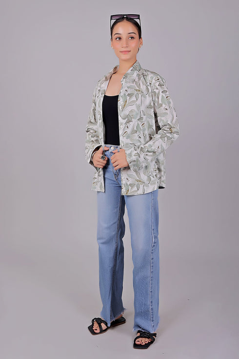 Veshbhoshaa Bluebird Women'S White Green Leaf Printed Satin Shirt