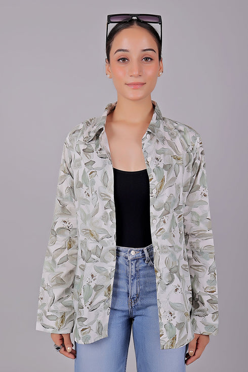 Veshbhoshaa Bluebird Women'S White Green Leaf Printed Satin Shirt