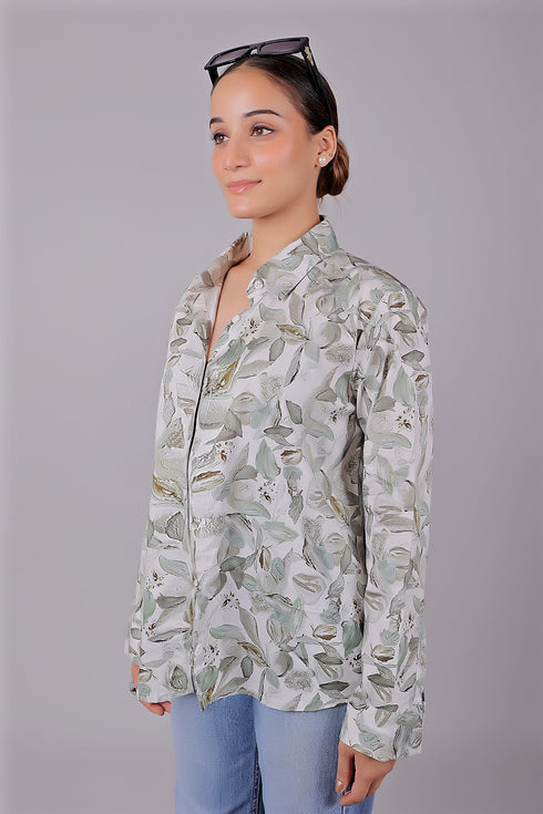 Veshbhoshaa Bluebird Women'S White Green Leaf Printed Satin Shirt