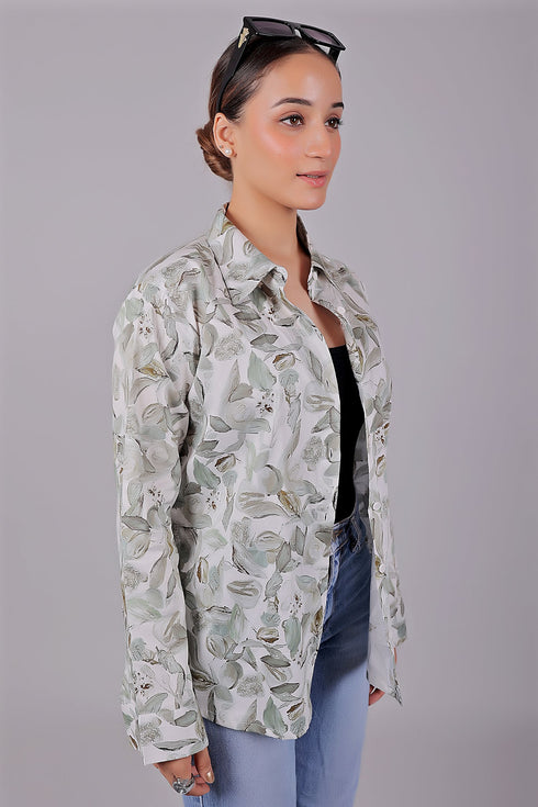 Veshbhoshaa Bluebird Women'S White Green Leaf Printed Satin Shirt