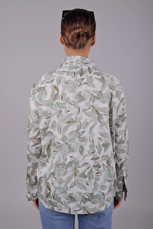 Veshbhoshaa Bluebird Women'S White Green Leaf Printed Satin Shirt