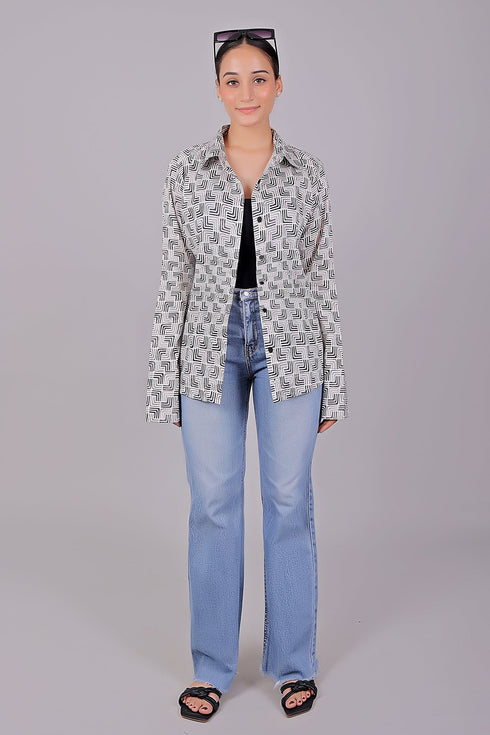 Veshbhoshaa Bluebird Women'S White Printed Satin Shirt