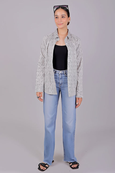 Veshbhoshaa Bluebird Women'S White Grey Print Satin Shirt