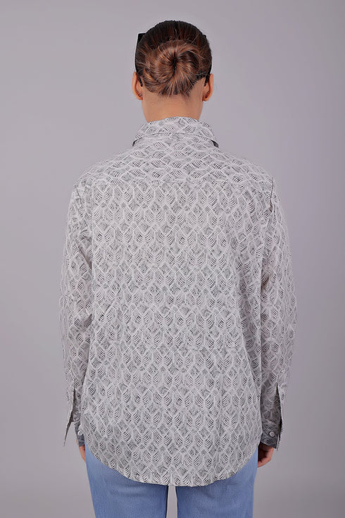 Veshbhoshaa Bluebird Women'S White Grey Print Satin Shirt