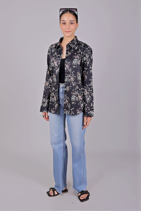 Veshbhoshaa Bluebird Women'S Black Floral Print Satin Shirt