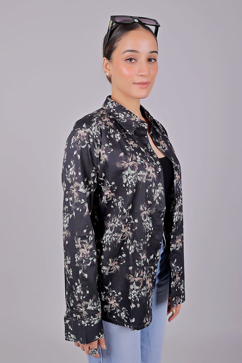 Veshbhoshaa Bluebird Women'S Black Floral Print Satin Shirt