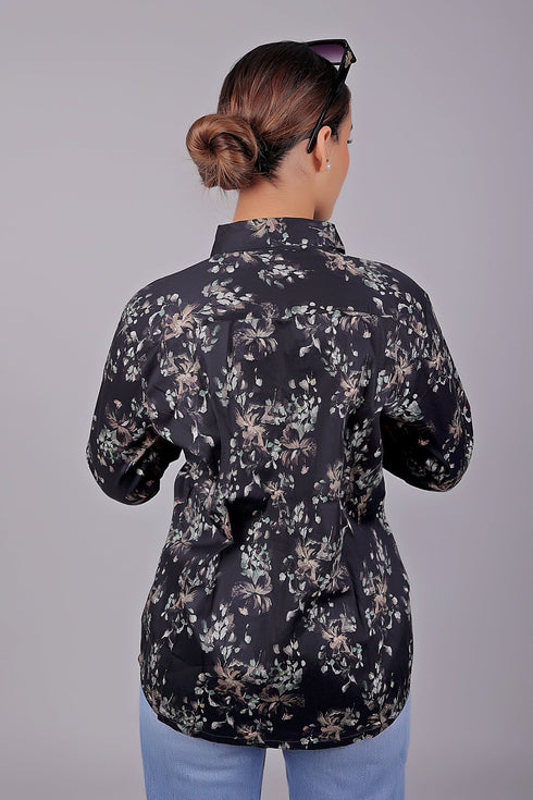 Veshbhoshaa Bluebird Women'S Black Floral Print Satin Shirt