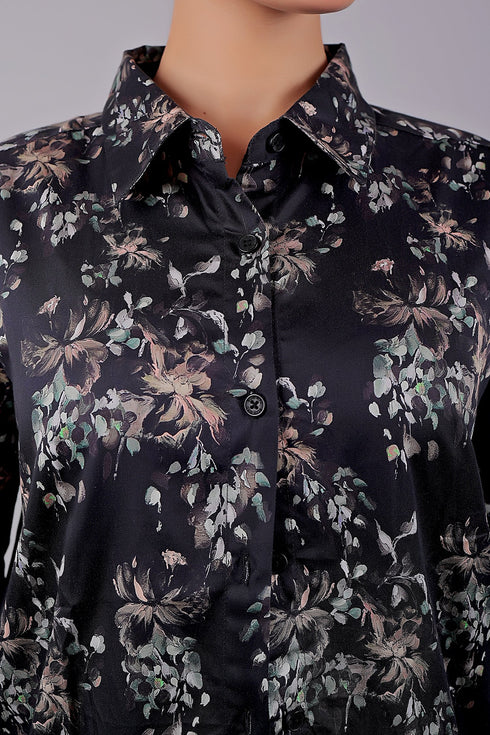 Veshbhoshaa Bluebird Women'S Black Floral Print Satin Shirt