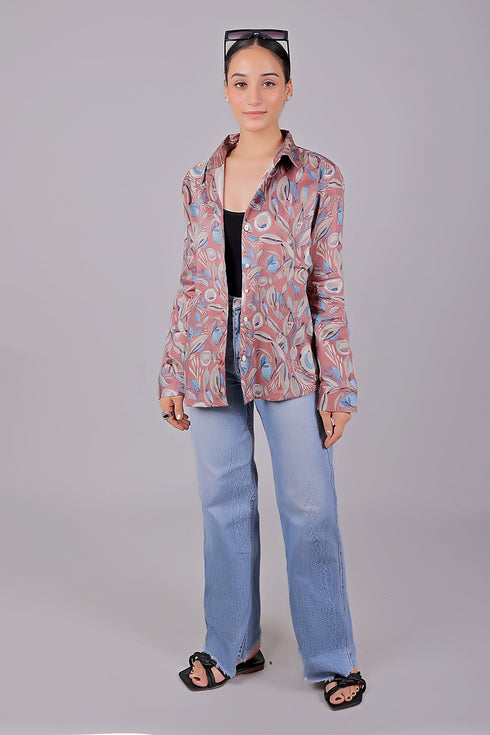 Veshbhoshaa Bluebird Women'S Peach Printed Satin Shirt