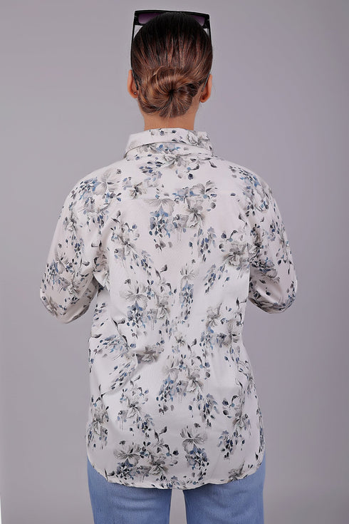 Veshbhoshaa Bluebird Women'S White Floral Print Satin Shirt