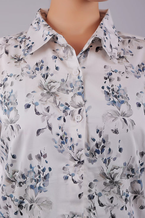 Veshbhoshaa Bluebird Women'S White Floral Print Satin Shirt
